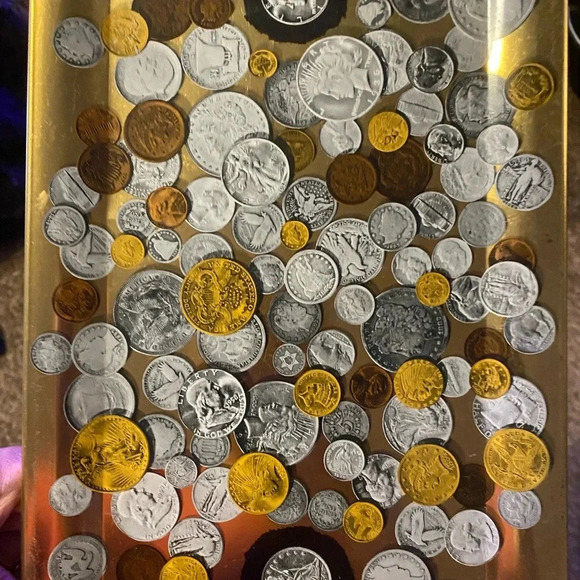 First National Bank Metal Tray Pictures of Coins/Money ~ 14" x 9" Illinois 1968 - Picture 8 of 9